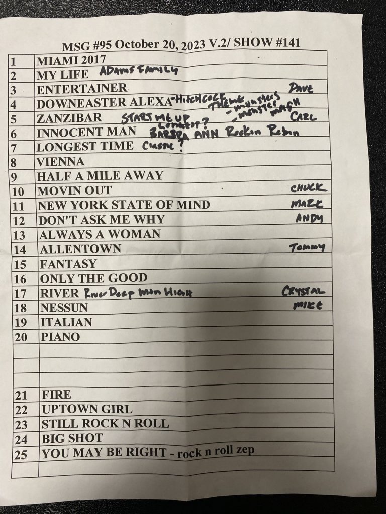 Setlist for Billy Joel concert Madison Square Garden New York, NY, October 20, 2023