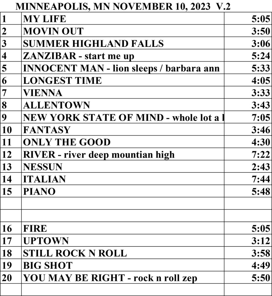 The setlist for Billy Joel's concert at U.S. Bank Stadium in Minneapolis, MN, on November 10, 2023.