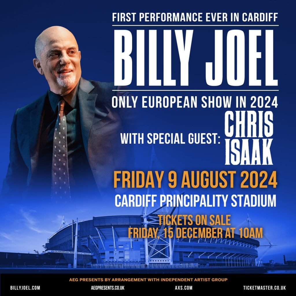 Billy Joel to play first performance ever in Cardiff, UK August 9, 2024 with special guest Chris Isaak